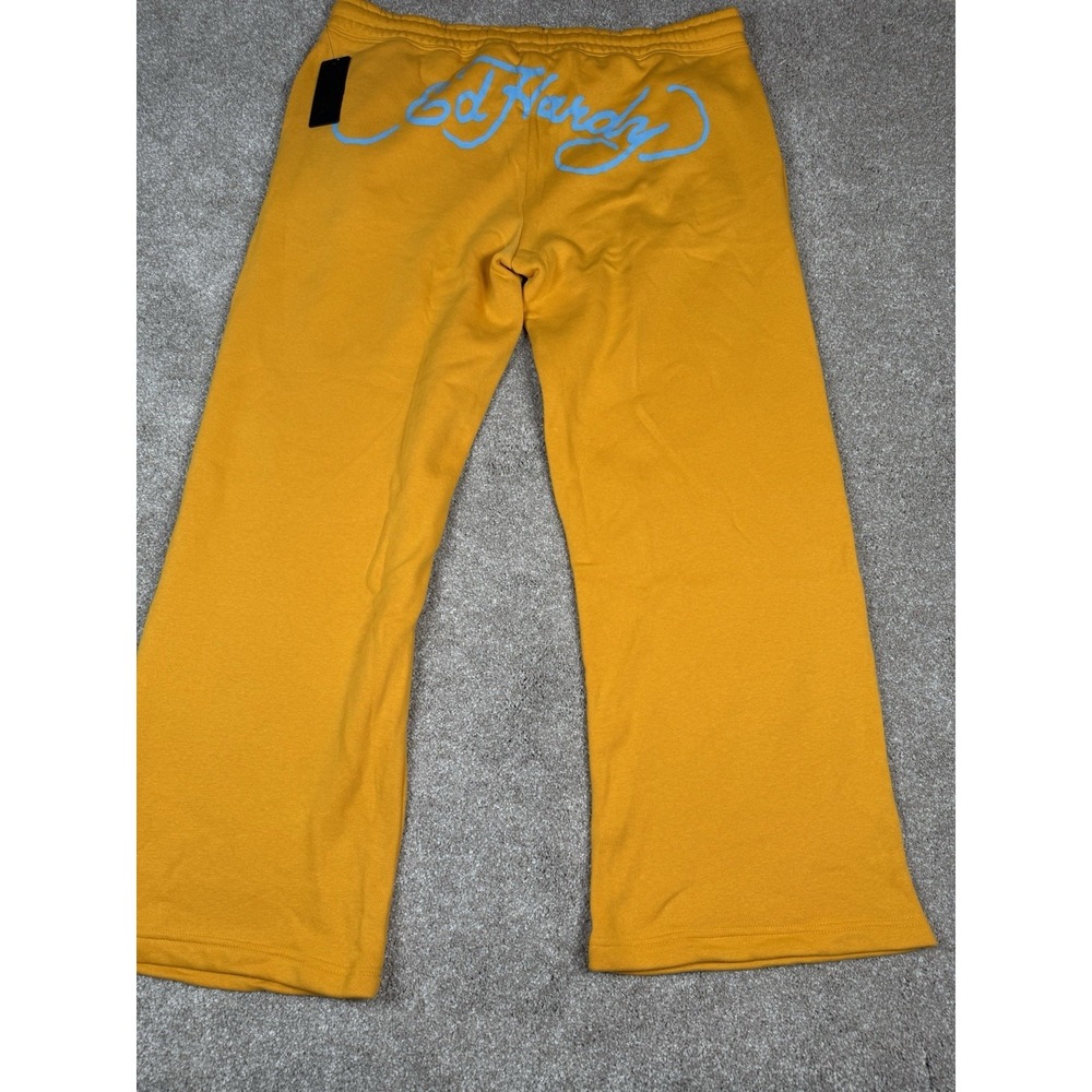 Ed Hardy Mustard Yellow Wide Leg Sweatpants with Butterfly Graphics - Picture 2 of 10